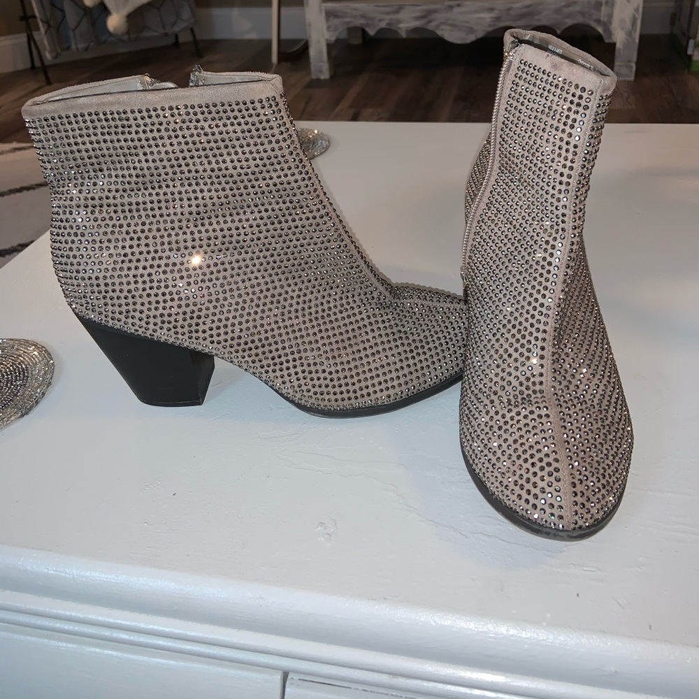 Juicy Couture rhinestone tan ankle boots.